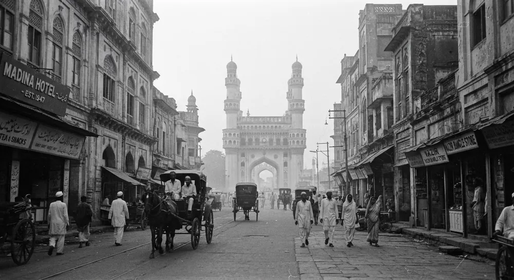 Archival street-level view of the Charminar in the 1950s from the direction of the Madina Building