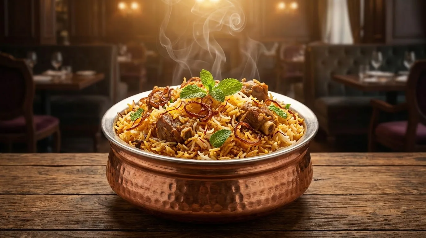 Hyderabadi mutton dum biryani in a copper handi, layered with saffron rice and garnished with fried onions