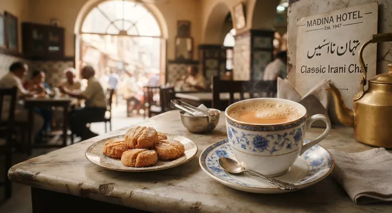 Irani chai in a traditional cup and saucer beside a plate of Osmania biscuits