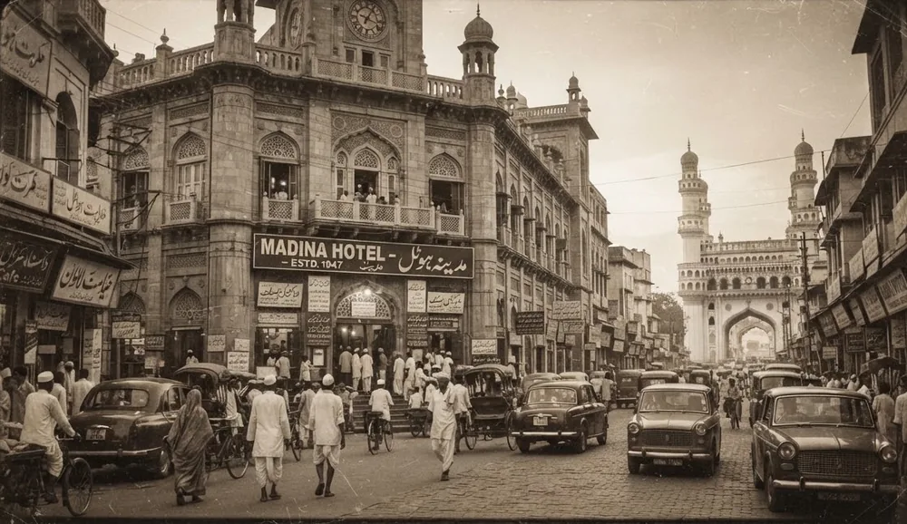 Archival photograph of the Madina Building on Pathergatti Road, Hyderabad, with the Charminar visible in the background