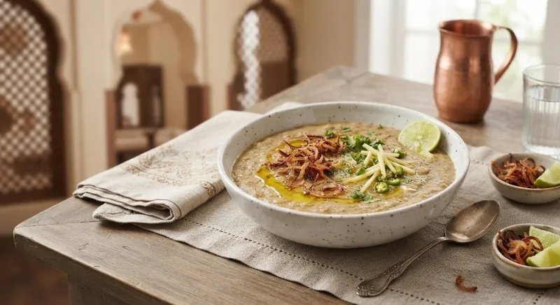 Hyderabadi mutton haleem topped with ghee, fried onions, ginger juliennes and a wedge of lime