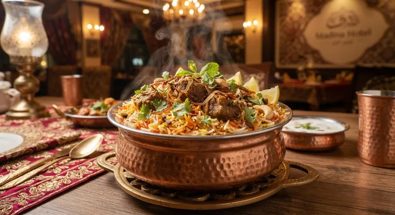 Mutton dum biryani with saffron-streaked basmati rice, caramelised onions and fresh coriander