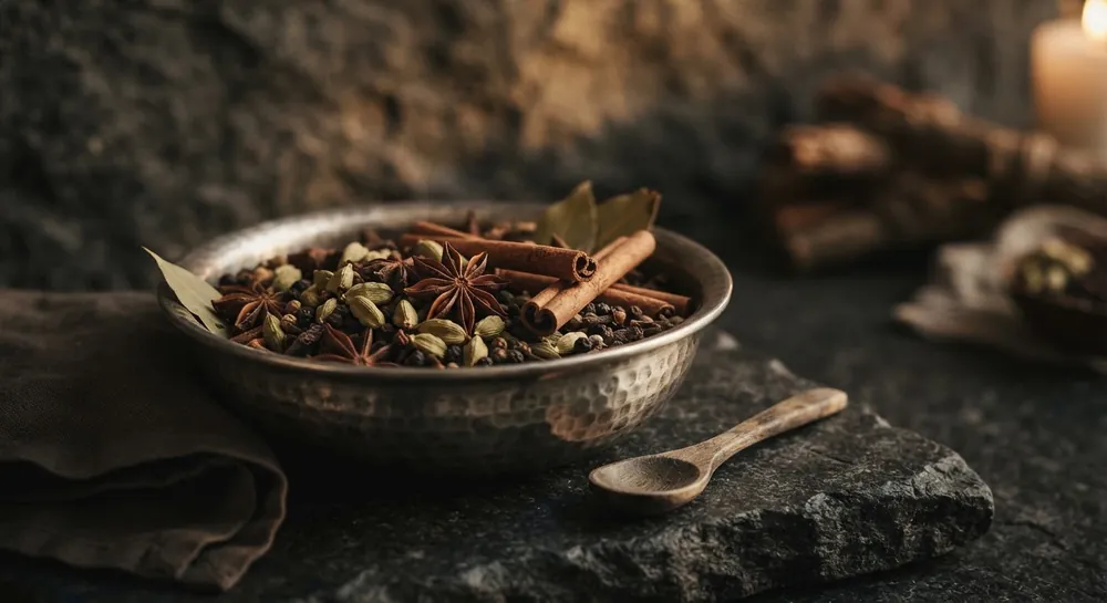 Star anise, cinnamon and cardamom in a silver bowl, the aromatics of a Hyderabadi spice blend