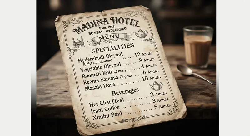 A vintage Madina Hotel menu card with hand-drawn lettering